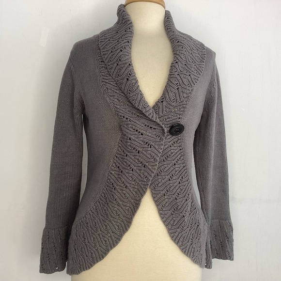 Sigrid Olsen gray cotton knit shawl collar/ open knit peplum and belled cuffs M - Picture 1 of 9